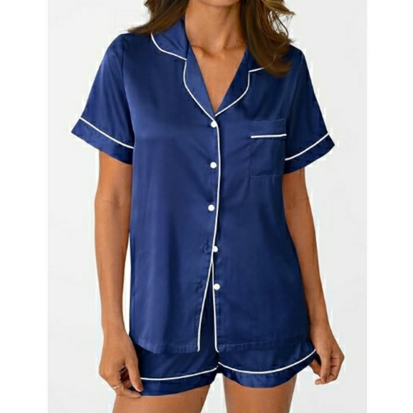 Silk Satin Fall Soft Pajama Set Matching Lounge Button Up Navy Blue - Picture 4 of 7